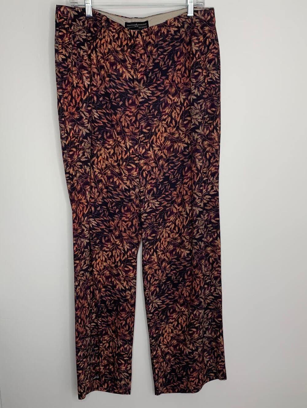 Peruvian Connection Pants  Rust Leaf Print Black Straight Leg Mid Rise Pockets